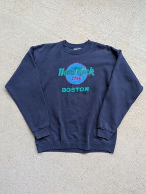 Vintage 90s Hard Rock Cafe Navy Crewneck Sweatshirt with Teal & Turquoise Logo